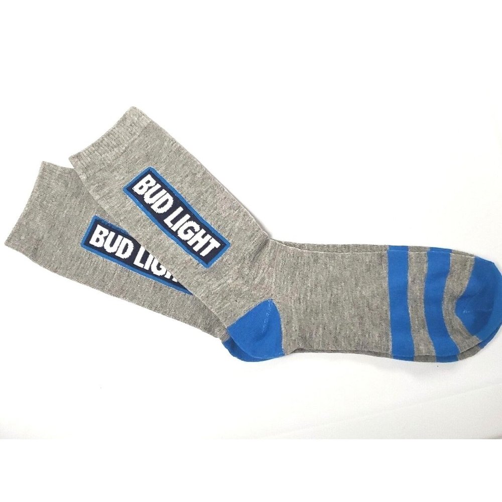 Bud Light Beer Logo Crew Socks Gray Blue Sock Sz 10-13 Shoe Sz 6-12